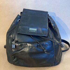 Perlina NY Black Leather Drawstring Magnetic Flap Closure Backpack Backzip Entry